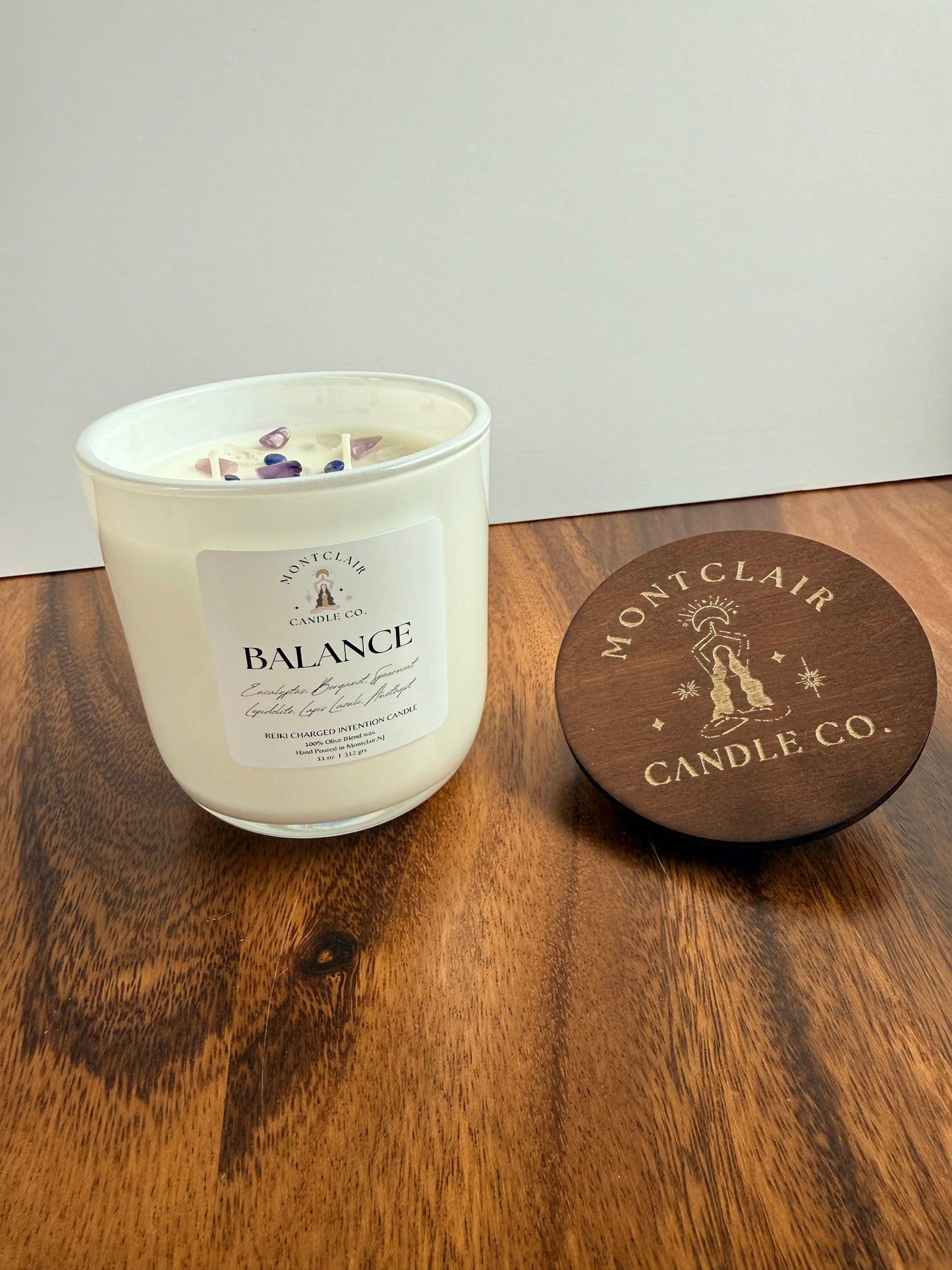 "Balance" Crystal Intention Candle | Eucalyptus Mint, Bergamot Scented | Olive Wax Blend | 11oz