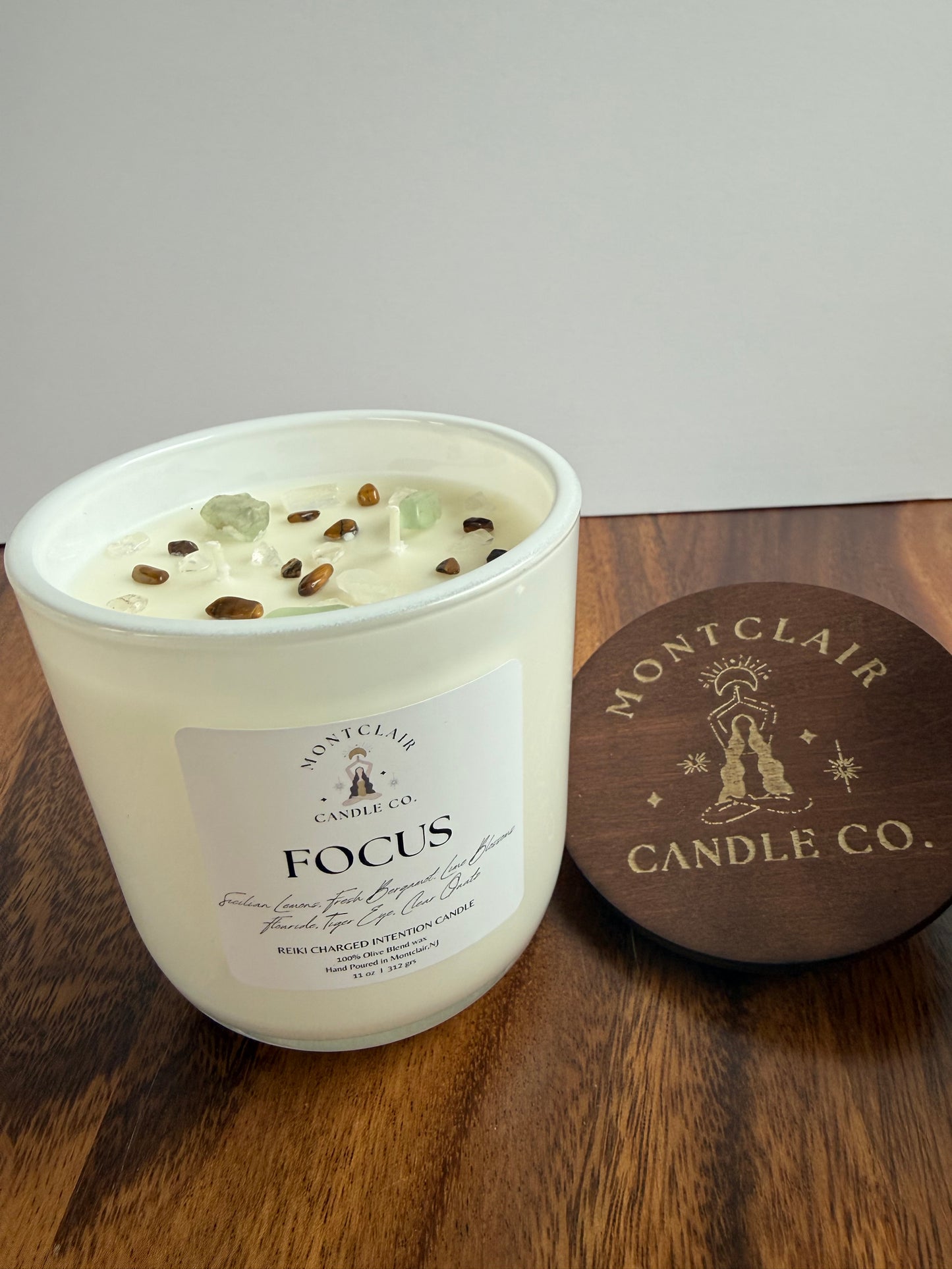 "Focus" Crystal Intention Candle | Citrus Scented Candle | Olive Wax Blend | 11oz Candle