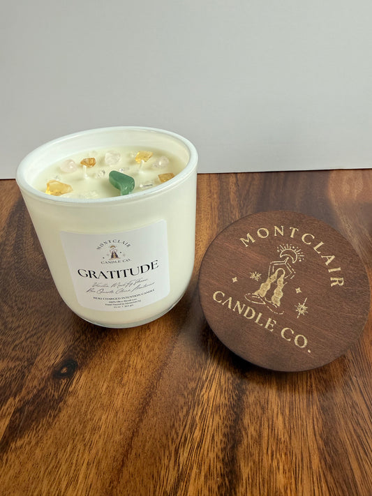 "Gratitude" Crystal Intention Candle | Vanilla Musk, Orris Scented | Olive Wax Blend | 11oz