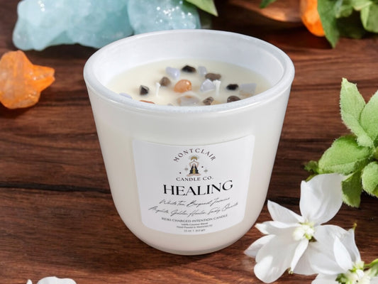 "Healing" Crystal Intention Candle | White Tea Leaves, Bergamot, Jasmine Scented |Olive Wax Blend | 11oz