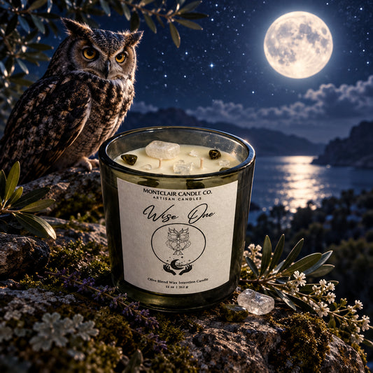 "Wise One" Crystal Intention Candle | Bergamot, Cedarwood, Sandalwood | Olive Wax Blend | 11 oz Candle