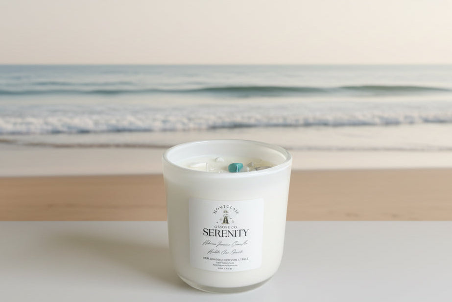"Serenity" Crystal Intention Candle | Sea Salt, Solar Musk and Sandalwood Scented | Olive Wax Blend| 11oz