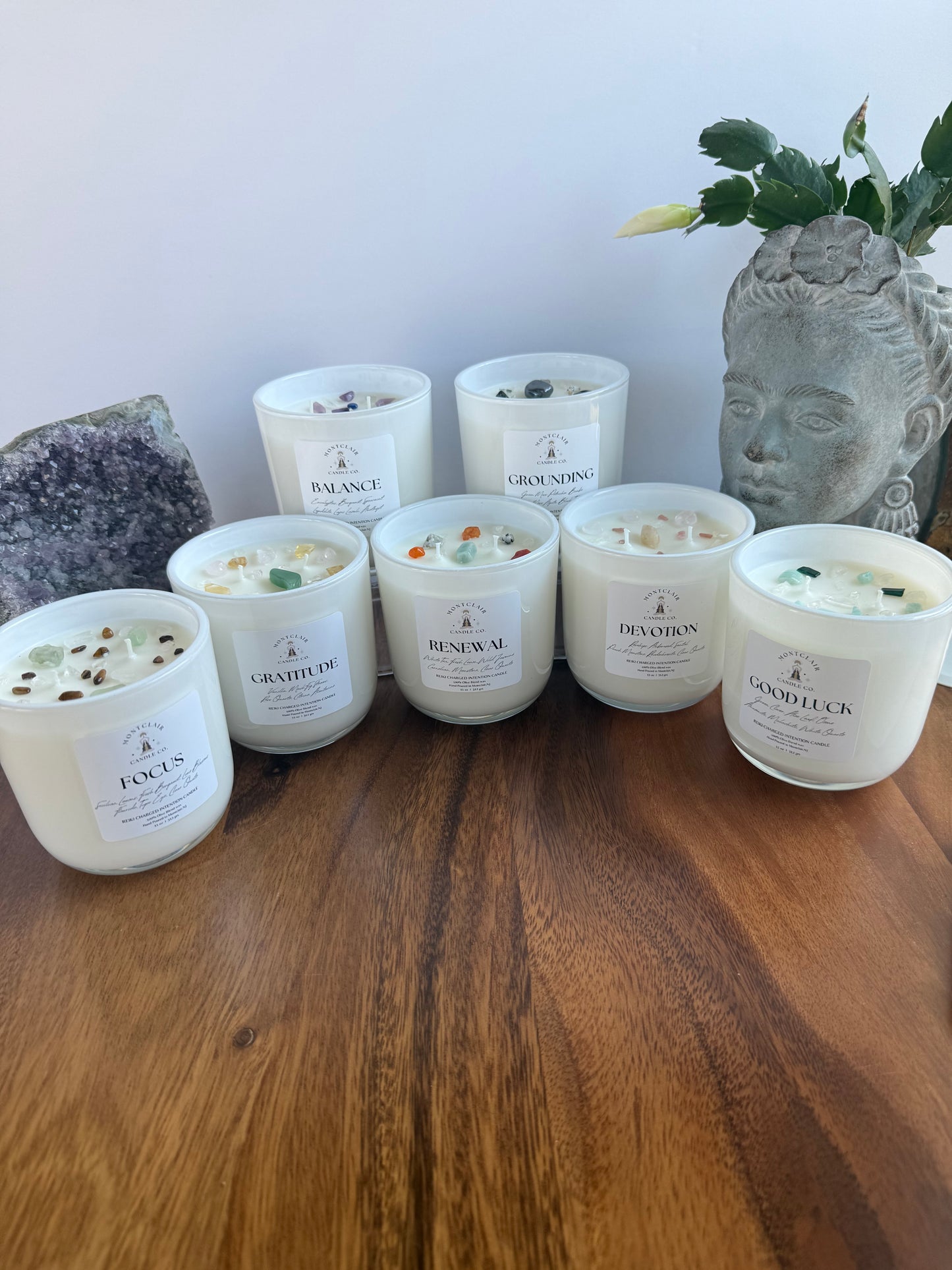 "Gratitude" Crystal Intention Candle | Vanilla Musk, Orris Scented | Olive Wax Blend | 11oz