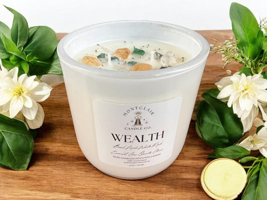 "Wealth" Crystal Intention Candle | Basil Neroli Scented | Olive Wax Blend | 11oz