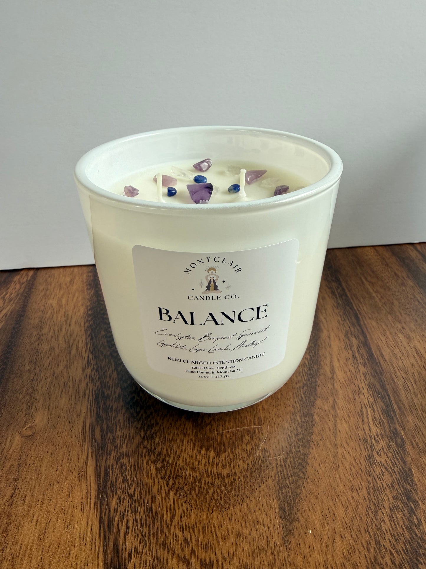 "Balance" Crystal Intention Candle  | Eucalyptus Mint, Bergamot Scented | Olive Wax Blend | 11oz