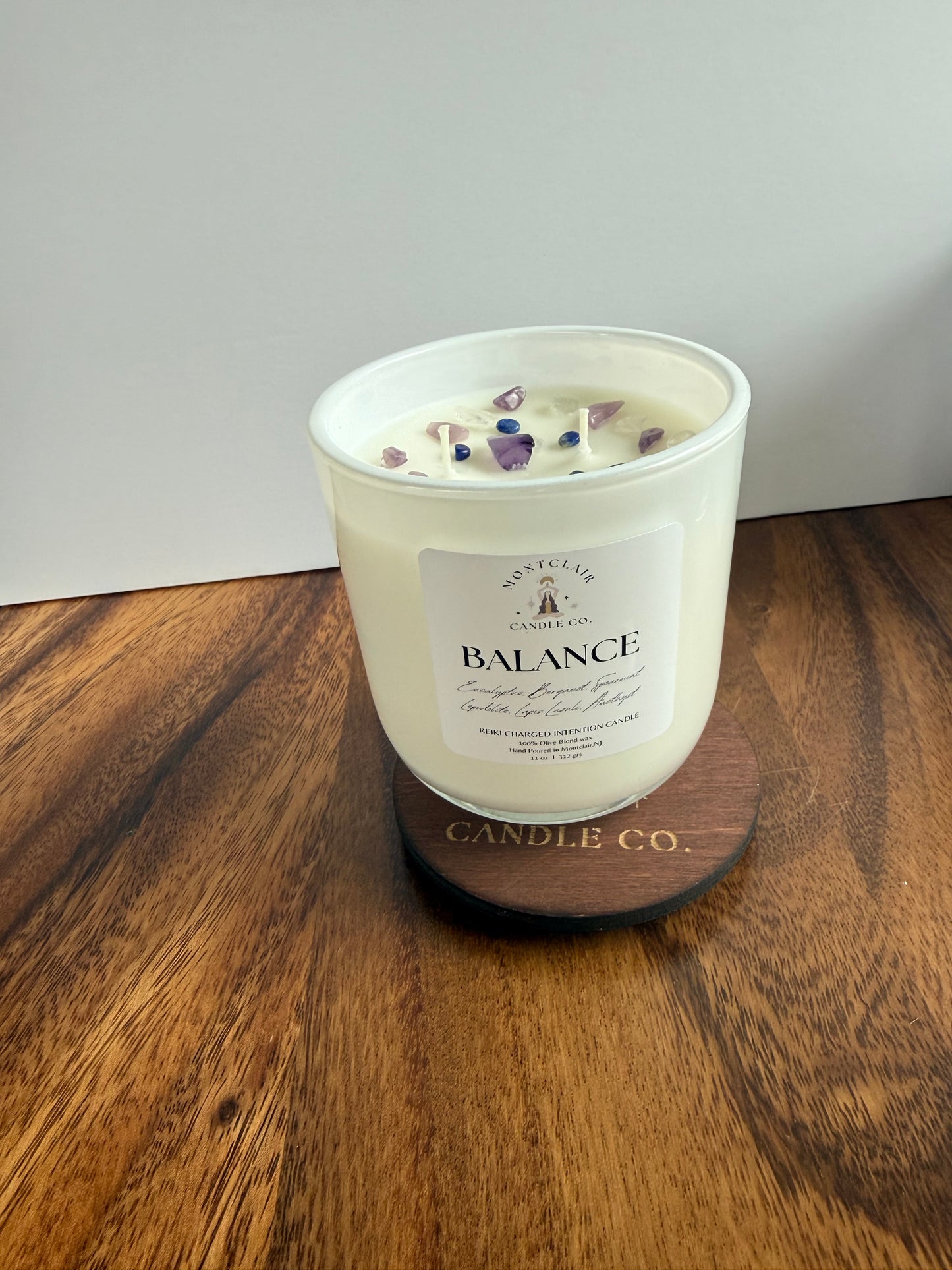 "Balance" Crystal Intention Candle  | Eucalyptus Mint, Bergamot Scented | Olive Wax Blend | 11oz