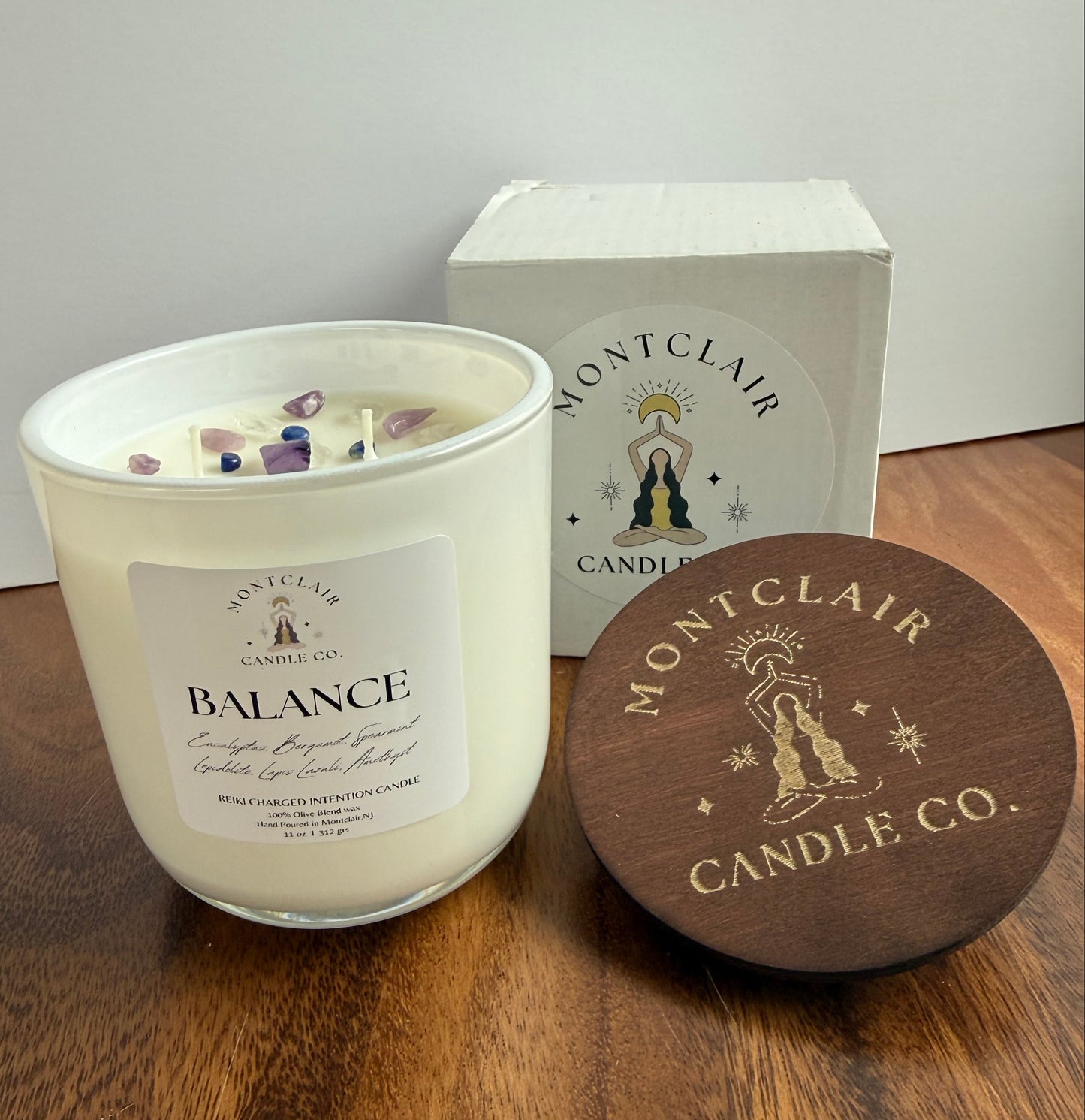 "Balance" Crystal Intention Candle  | Eucalyptus Mint, Bergamot Scented | Olive Wax Blend | 11oz