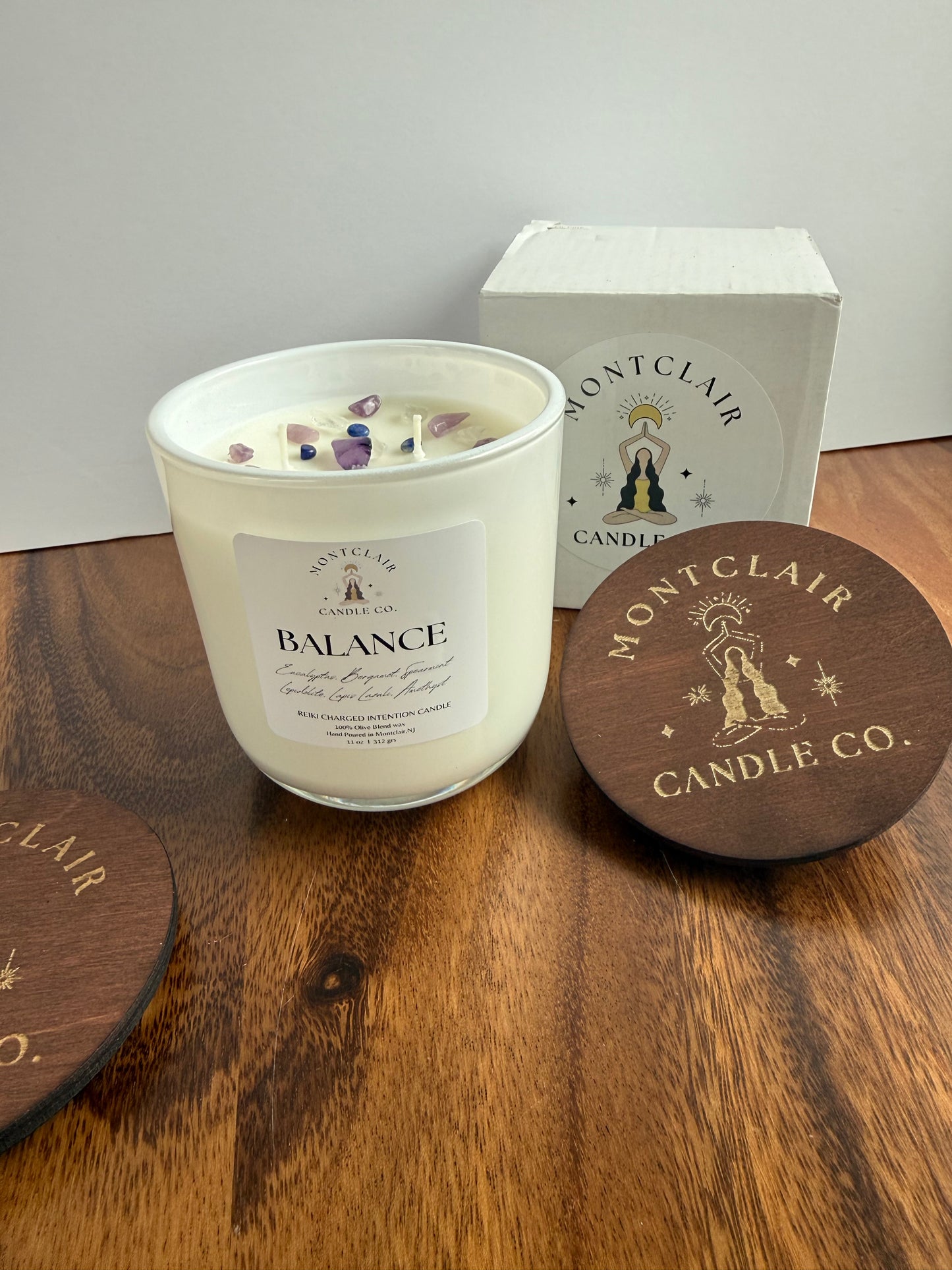 "Balance" Crystal Intention Candle  | Eucalyptus Mint, Bergamot Scented | Olive Wax Blend | 11oz