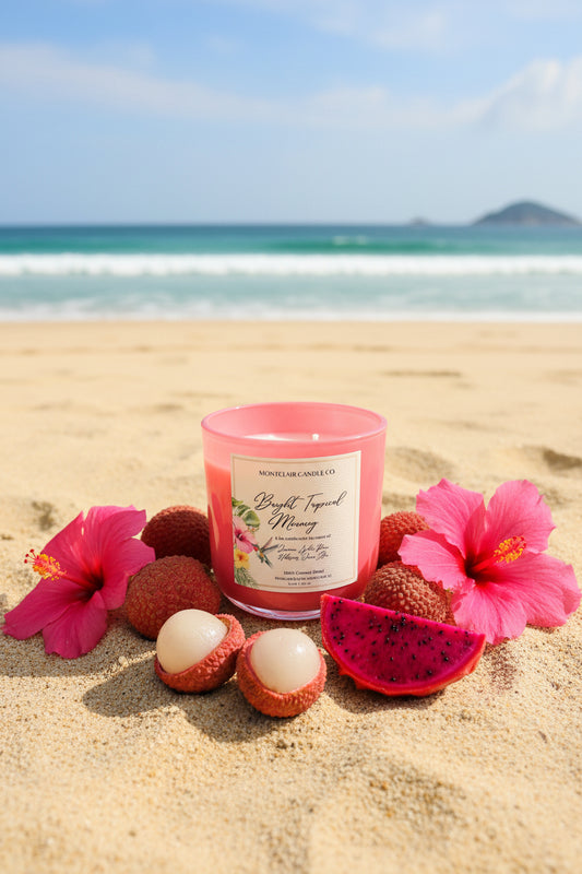 Bright Tropical Mornings pink vessel candle by Montclair Candle Co., pink dragonfruit lychee and Brazilian jasmine scent in olive coconut wax, 11 oz