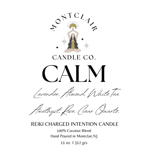 Calm candle label with ingredients Lavender, Almond, White Tea, Amethyst Rose and Clear Quartz