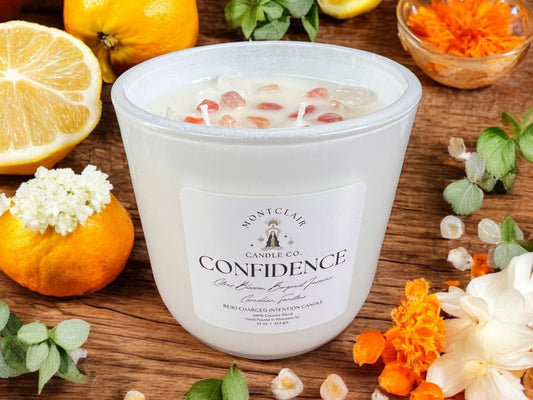 "Confidence" Crystal Intention Candle | Bergamot Jasmine Scented | Olive Wax Blend | 11oz
