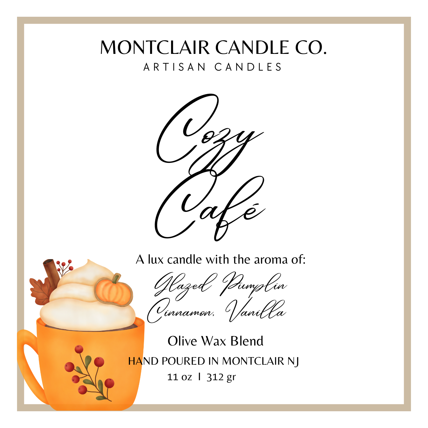 Montclair Candle Co. Cozy Cafe candle label with an orange mug illustration.