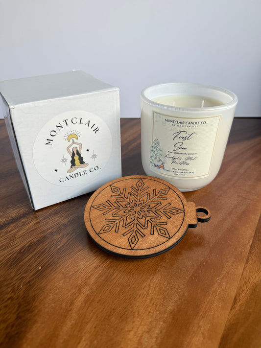 "First Snow" Limited Edition  Ornament Lids Candle |  Eucalyptus, Mint, Pine Scented Holiday Candle | Olive  Wax Blend Candle | 11oz