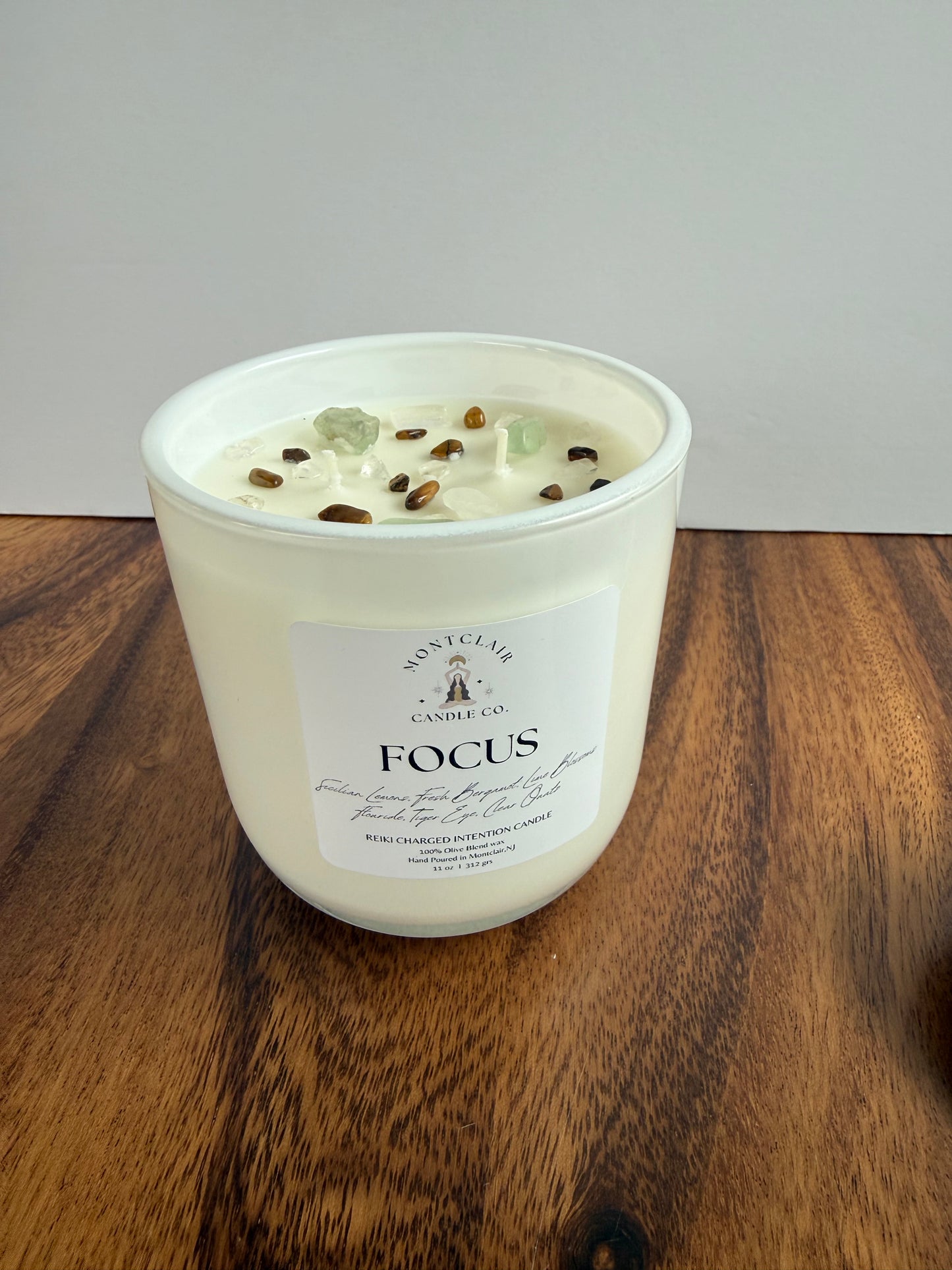 "Focus" Crystal  Intention Candle | Citrus Scented Candle | Olive Wax Blend | 11oz Candle