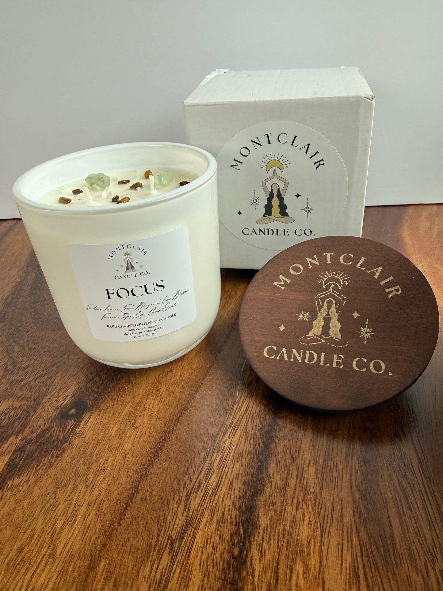 "Focus" Crystal  Intention Candle | Citrus Scented Candle | Olive Wax Blend | 11oz Candle