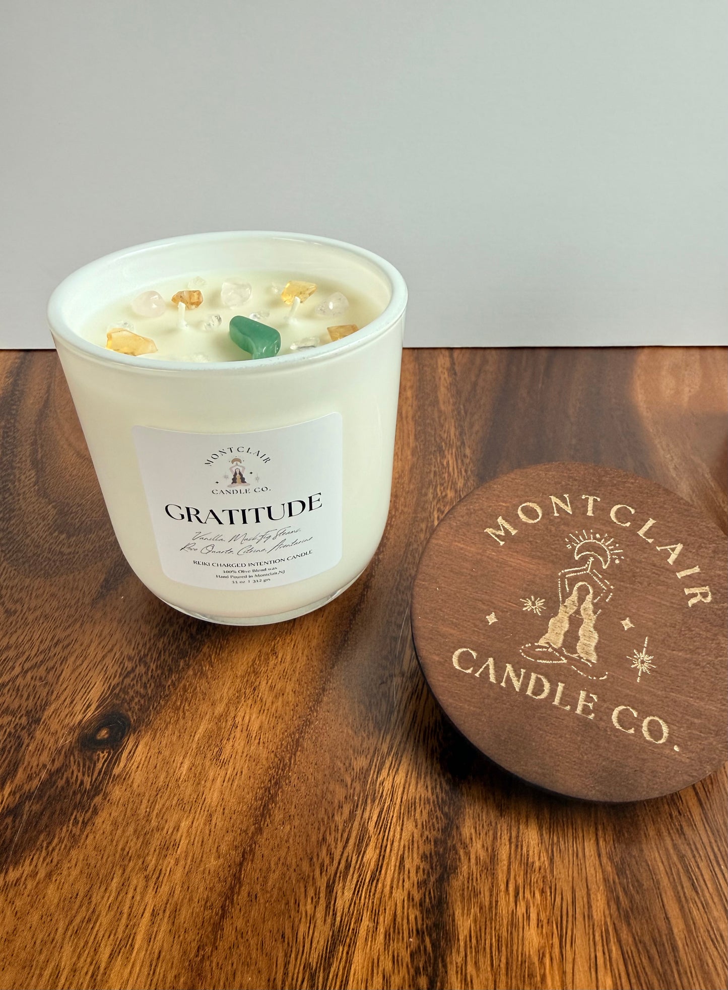 "Gratitude" Crystal Intention Candle  | Vanilla Musk, Orris Scented | Olive Wax Blend | 11oz