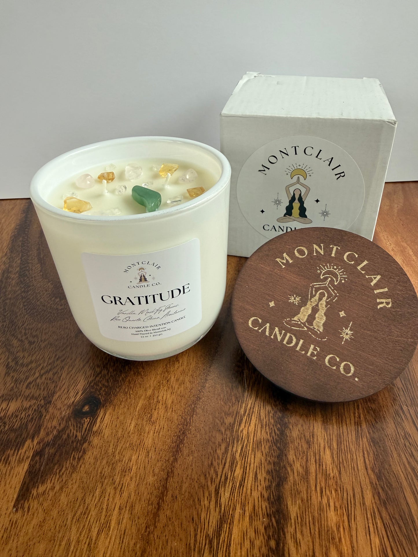 "Gratitude" Crystal Intention Candle  | Vanilla Musk, Orris Scented | Olive Wax Blend | 11oz