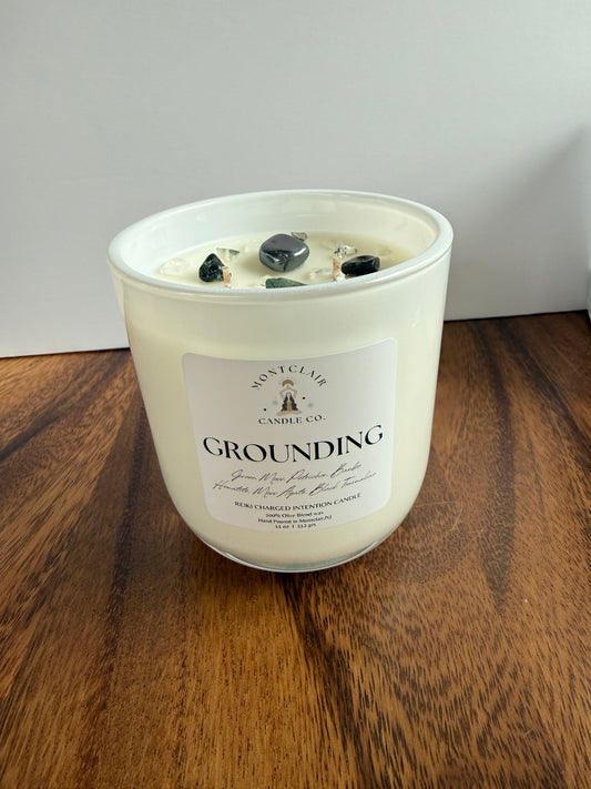"Grounding" Crystal Intention Candle  | Petrichor Rain, Sage, Ozone, Moss Scented | Olive Wax Blend| 11oz
