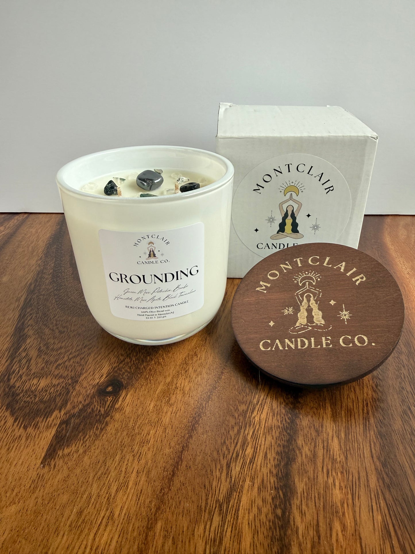 "Grounding" Crystal Intention Candle  | Petrichor Rain, Sage, Ozone, Moss Scented | Olive Wax Blend| 11oz