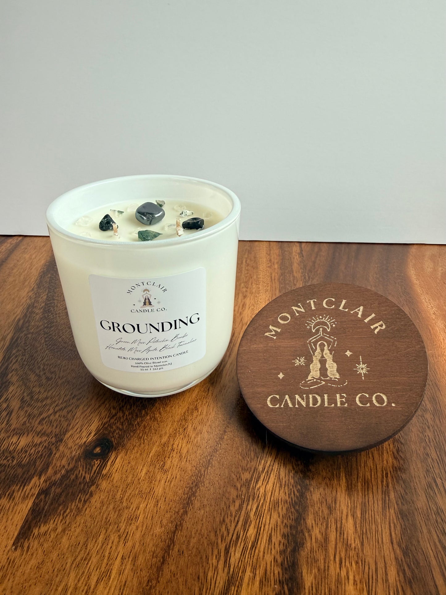 "Grounding" Crystal Intention Candle  | Petrichor Rain, Sage, Ozone, Moss Scented | Olive Wax Blend| 11oz