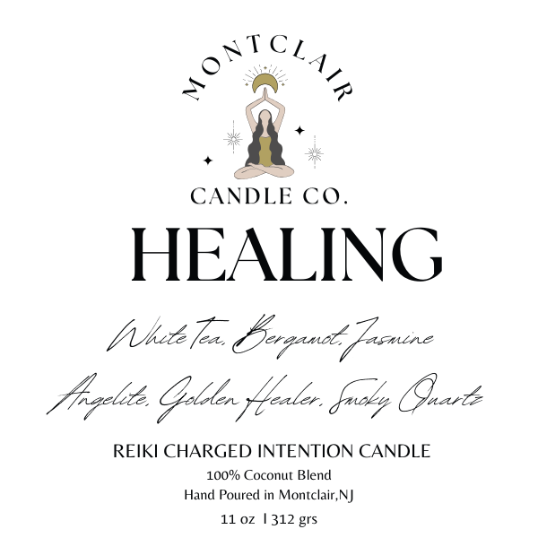 "Healing" Crystal Intention Candle | White Tea Leaves, Bergamot, Jasmine Scented |Olive Wax Blend  | 11oz