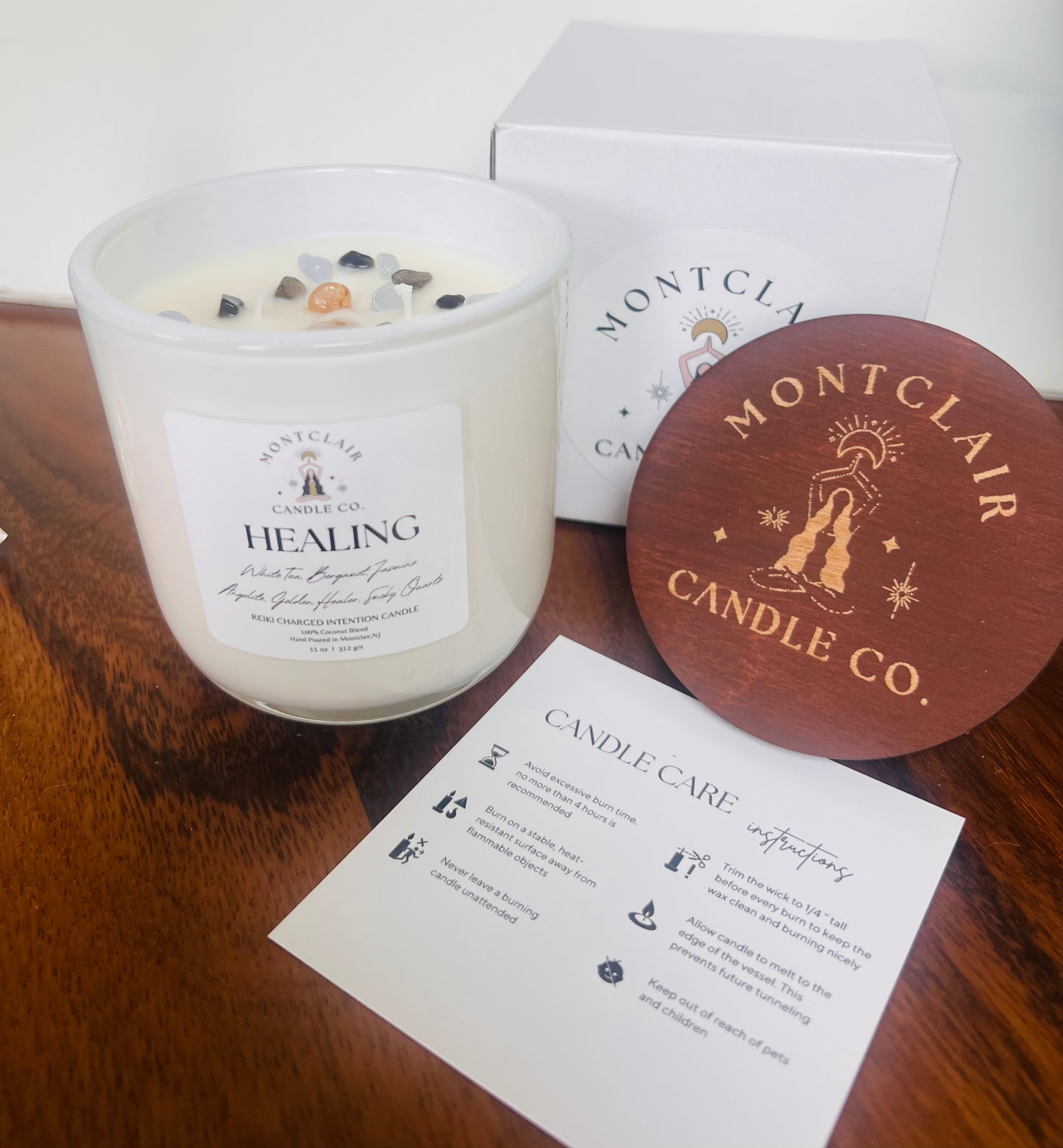 "Healing" Crystal Intention Candle | White Tea Leaves, Bergamot, Jasmine Scented |Olive Wax Blend  | 11oz