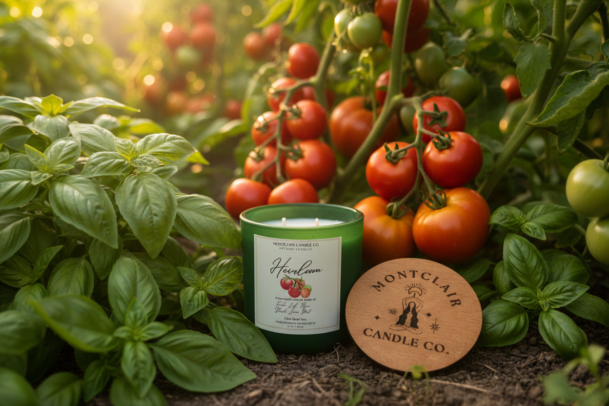 Heirloom summer candle by Montclair Candle Co., tomato leaf and fresh herb scent in olive coconut wax blend, 11 oz
