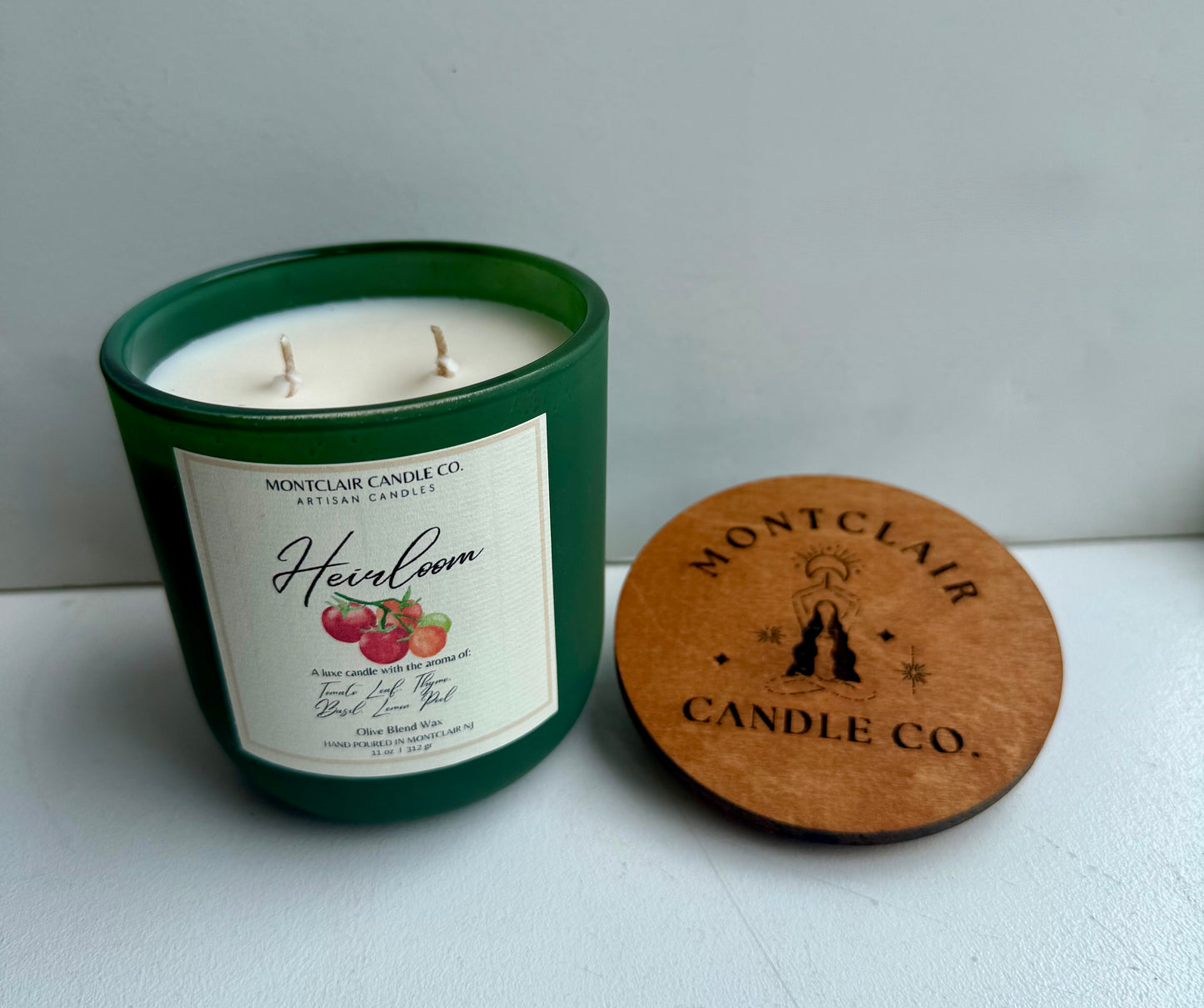 Heirloom summer candle by Montclair Candle Co., tomato leaf and fresh herb scent in olive coconut wax blend, 11 oz