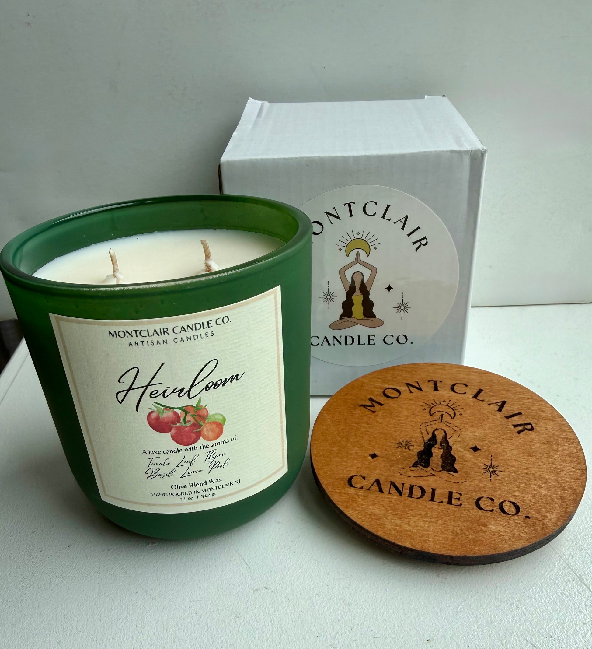 Heirloom summer candle by Montclair Candle Co., tomato leaf and fresh herb scent in olive coconut wax blend, 11 oz