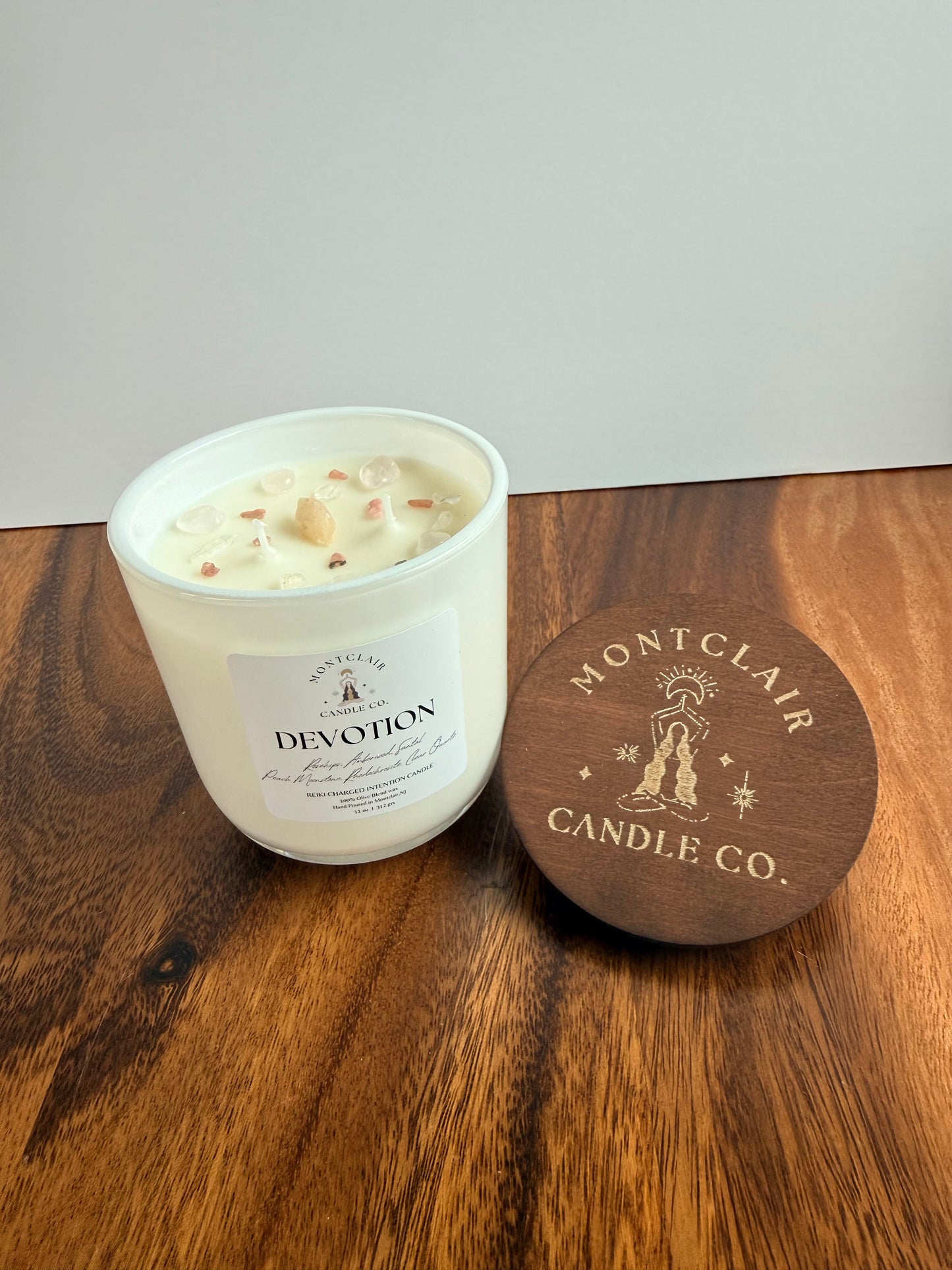 "Devotion" Crystal Intention Candle  | Rosehips, Santal  and Vetiver Scented | Olive Wax Blend | 11oz