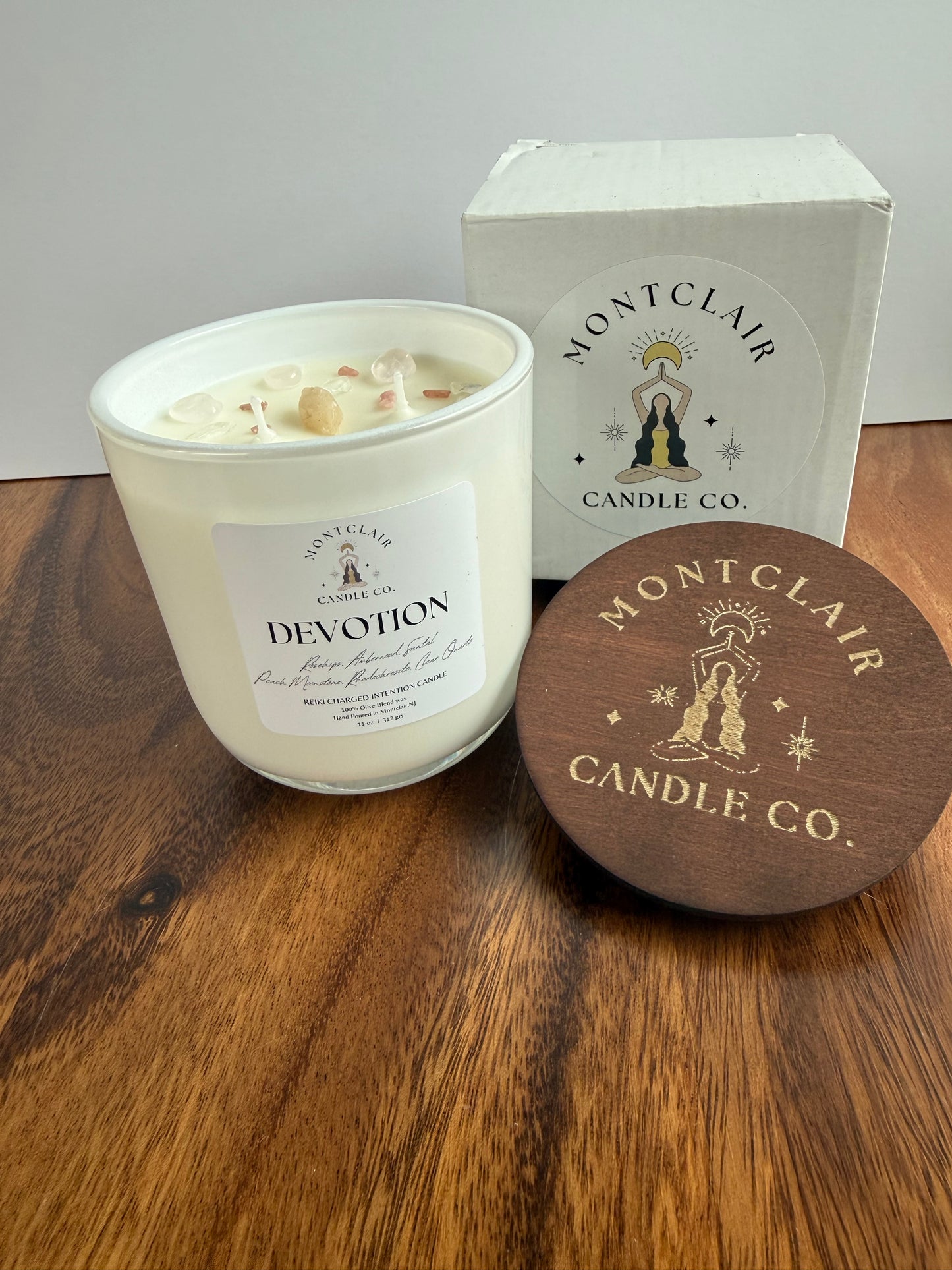 "Devotion" Crystal Intention Candle  | Rosehips, Santal  and Vetiver Scented | Olive Wax Blend | 11oz