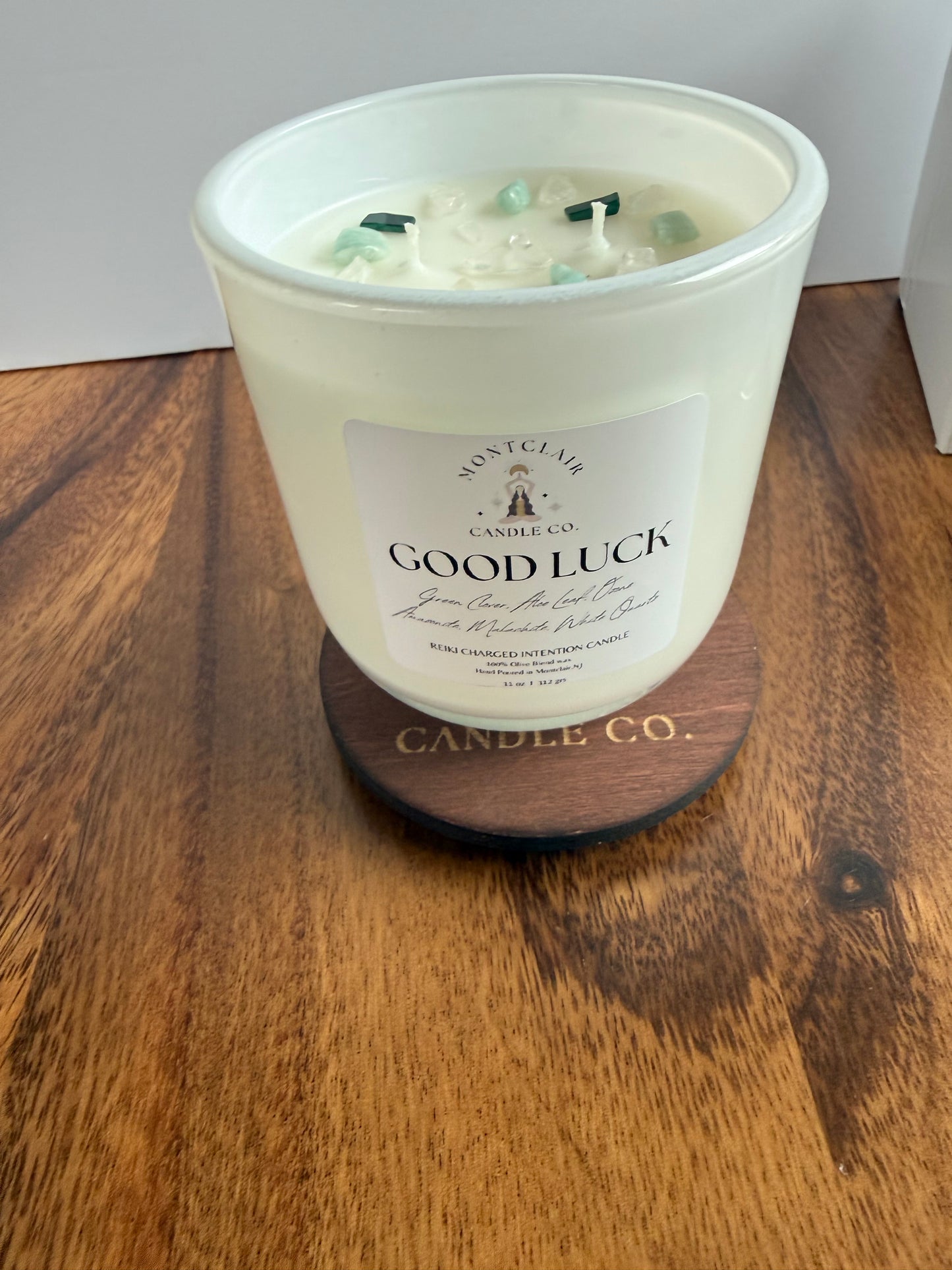 "Good Luck" Crystal Intention Candle | Green Clover and Aloe Scented Candle |Olive Wax Blend | 11oz