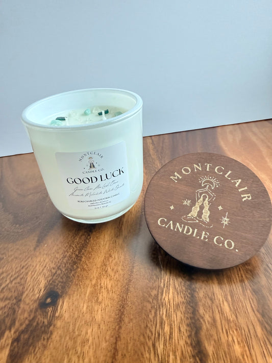"Good Luck" Crystal Intention Candle | Green Clover and Aloe Scented Candle |Olive Wax Blend | 11oz