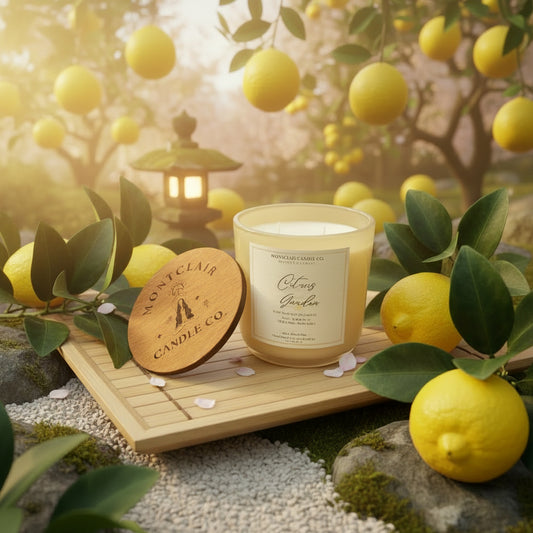 Japanese Citrus Garden summer candle by Montclair Candle Co., ponzu citrus and shiso scent in olive coconut wax blend