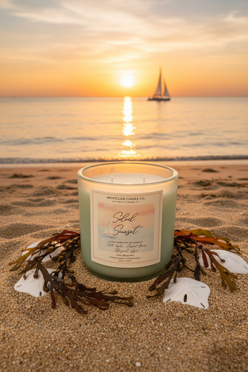 Soleil Sunset summer coastal candle by Montclair Candle Co., hand-poured in olive coconut wax, ocean breeze and bergamot scent