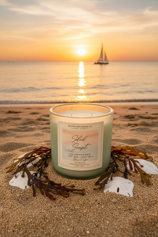 Soleil Sunset summer coastal candle by Montclair Candle Co., hand-poured in olive coconut wax, ocean breeze and bergamot scent