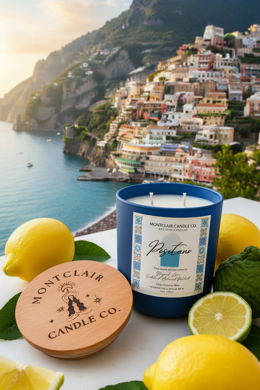 Positano summer luxury candle by Montclair Candle Co., bergamot lime zest and sandalwood scent in olive coconut wax blend, 11 oz"