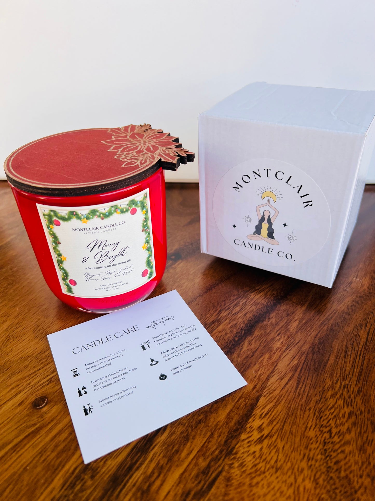 "Merry and Bright" Limited Edition Poinsettia Lid Candle | Candied Orange, Apples, Cinnamon Scented   | Olive Wax Blend  | Christmas Candle | 11 oz