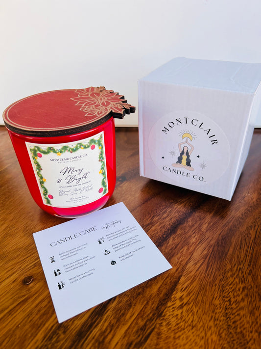 "Merry and Bright" Limited Edition Poinsettia Lid Candle | Candied Orange, Apples, Cinnamon Scented   | Olive Wax Blend  | Christmas Candle | 11 oz