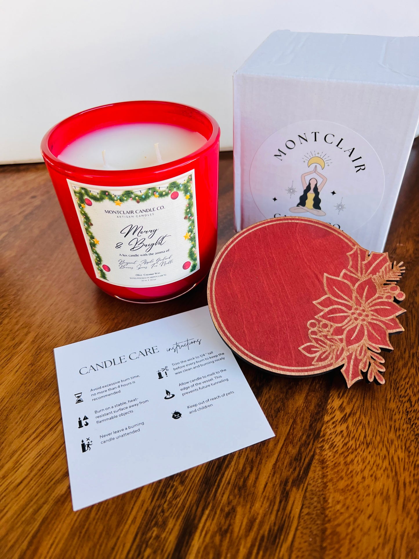 "Merry and Bright" Limited Edition Poinsettia Lid Candle | Candied Orange, Apples, Cinnamon Scented   | Olive Wax Blend  | Christmas Candle | 11 oz