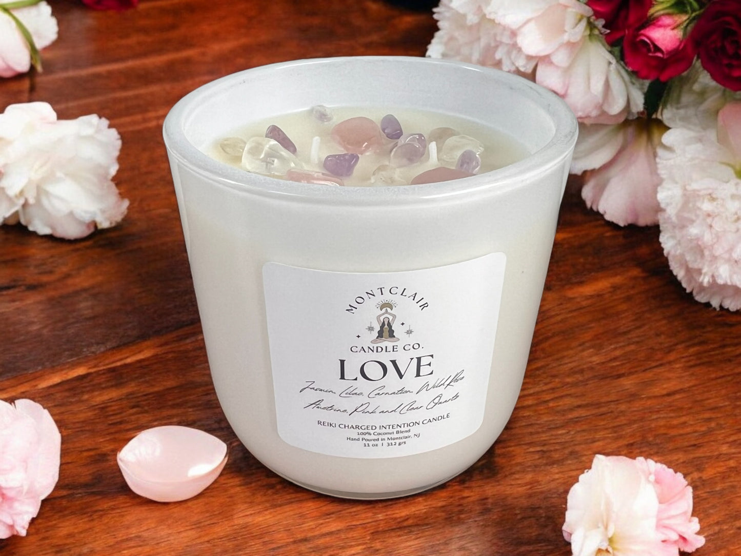 "Love" Crystal Intention Candle | Flower Garden Scented | Olive Wax Blend | 11oz
