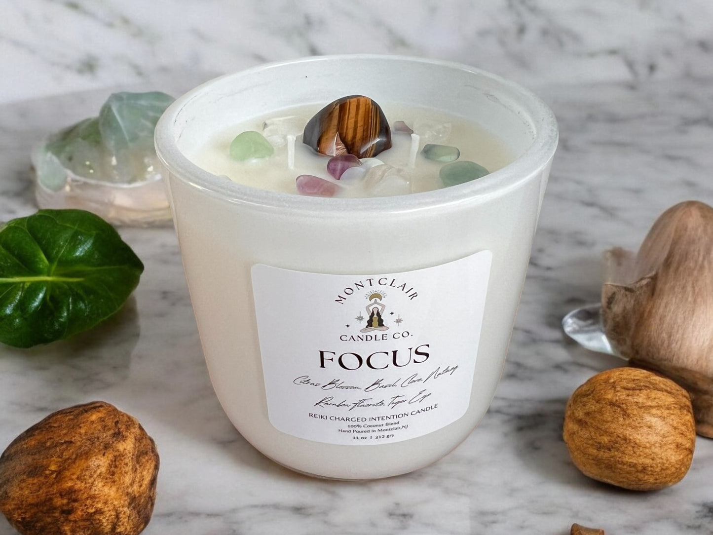 "Focus" Crystal  Intention Candle | Sparking Citrus, Wild Peony, Nutmeg Scented Candle | Olive Wax Blend | 11oz Candle