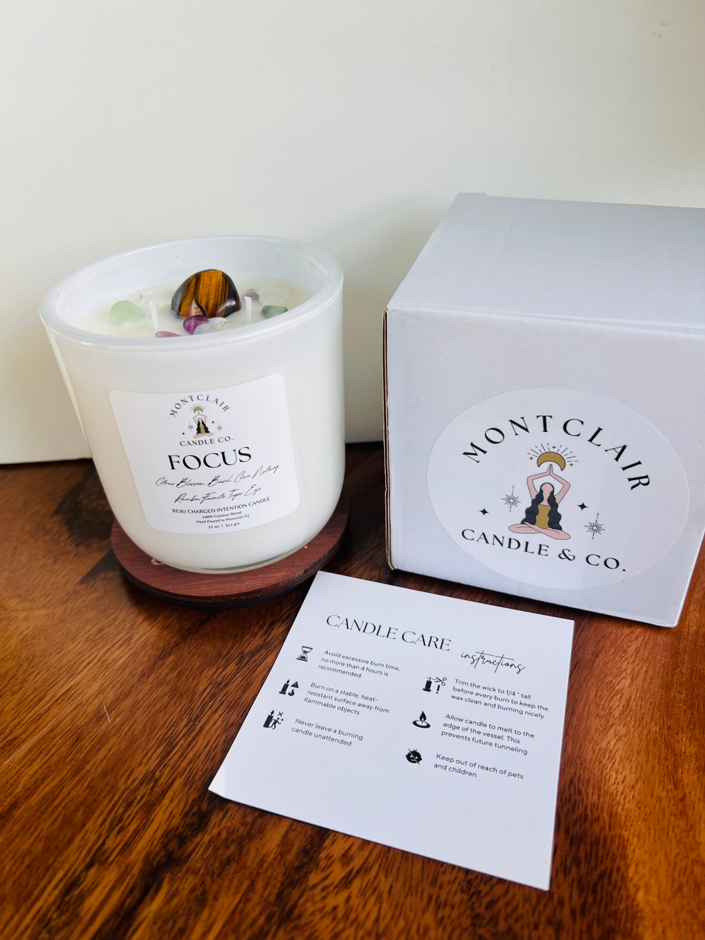 "Focus" Crystal  Intention Candle | Sparking Citrus, Wild Peony, Nutmeg Scented Candle | Olive Wax Blend | 11oz Candle