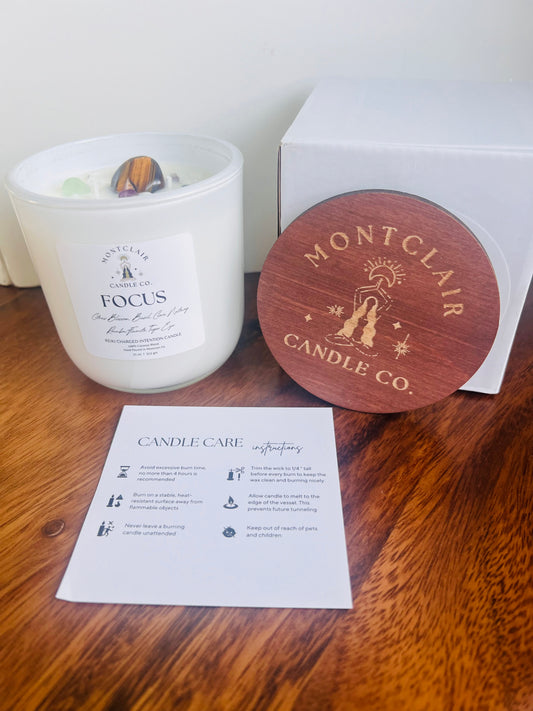 "Focus" Crystal  Intention Candle | Sparking Citrus, Wild Peony, Nutmeg Scented Candle | Olive Wax Blend | 11oz Candle