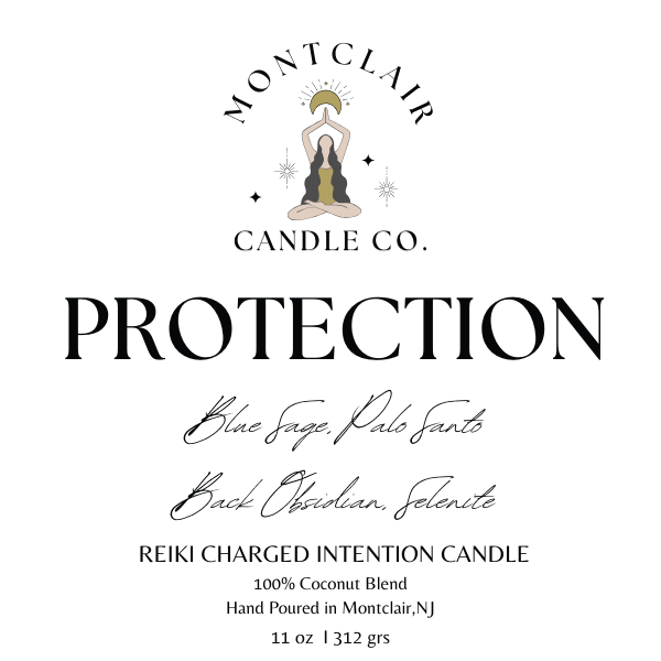 Protection candle label with ingredients of Blue Sage, Palo Santo, Black Obsidian and Selenite