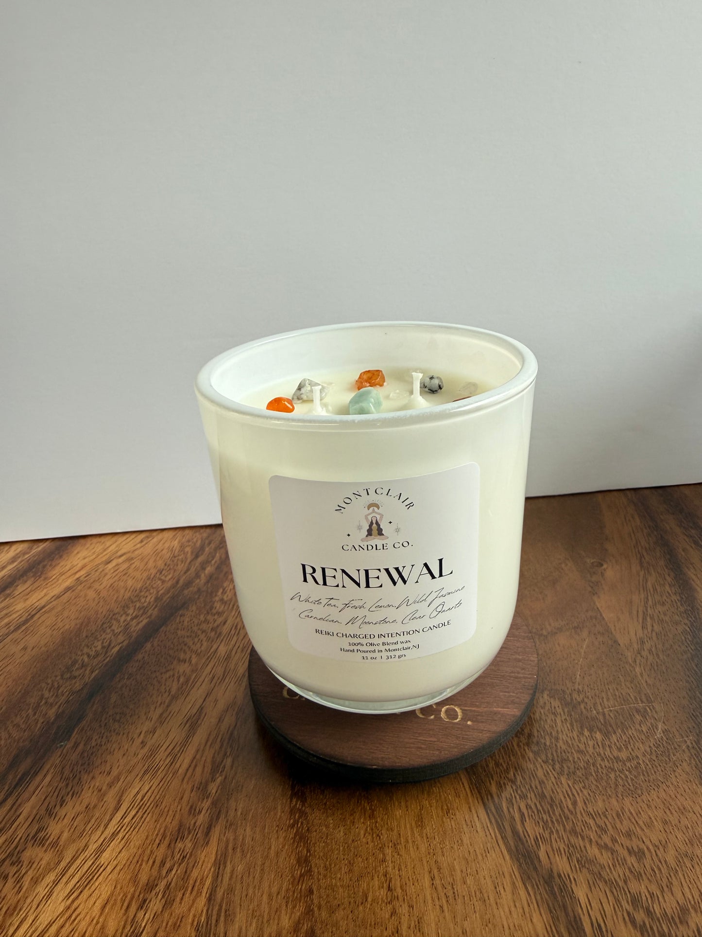"Renewal" Crystal Intention Candle  | White Tea, Lemon, Fresh Scented | Olive Wax Blend| 11oz