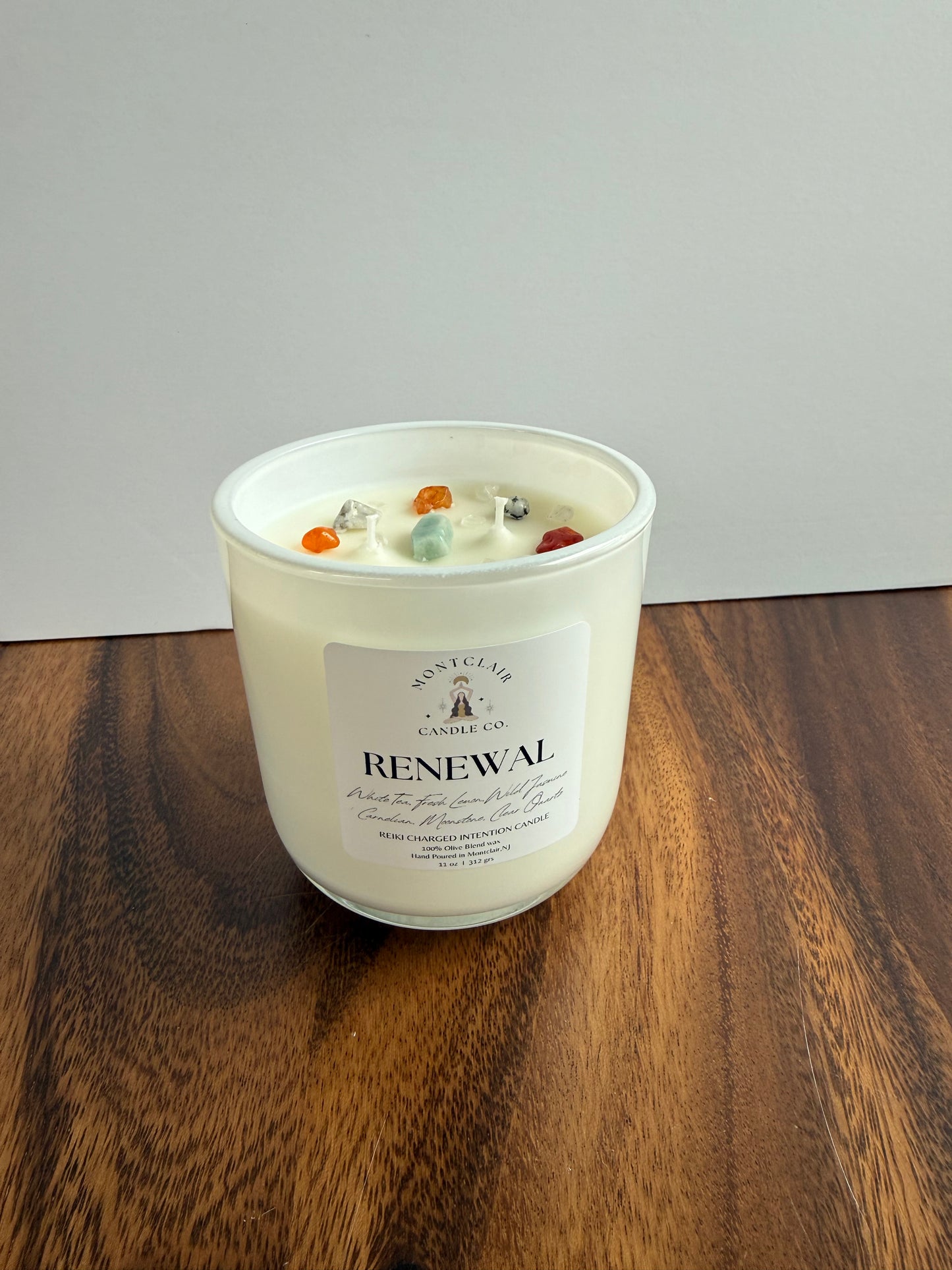"Renewal" Crystal Intention Candle  | White Tea, Lemon, Fresh Scented | Olive Wax Blend| 11oz