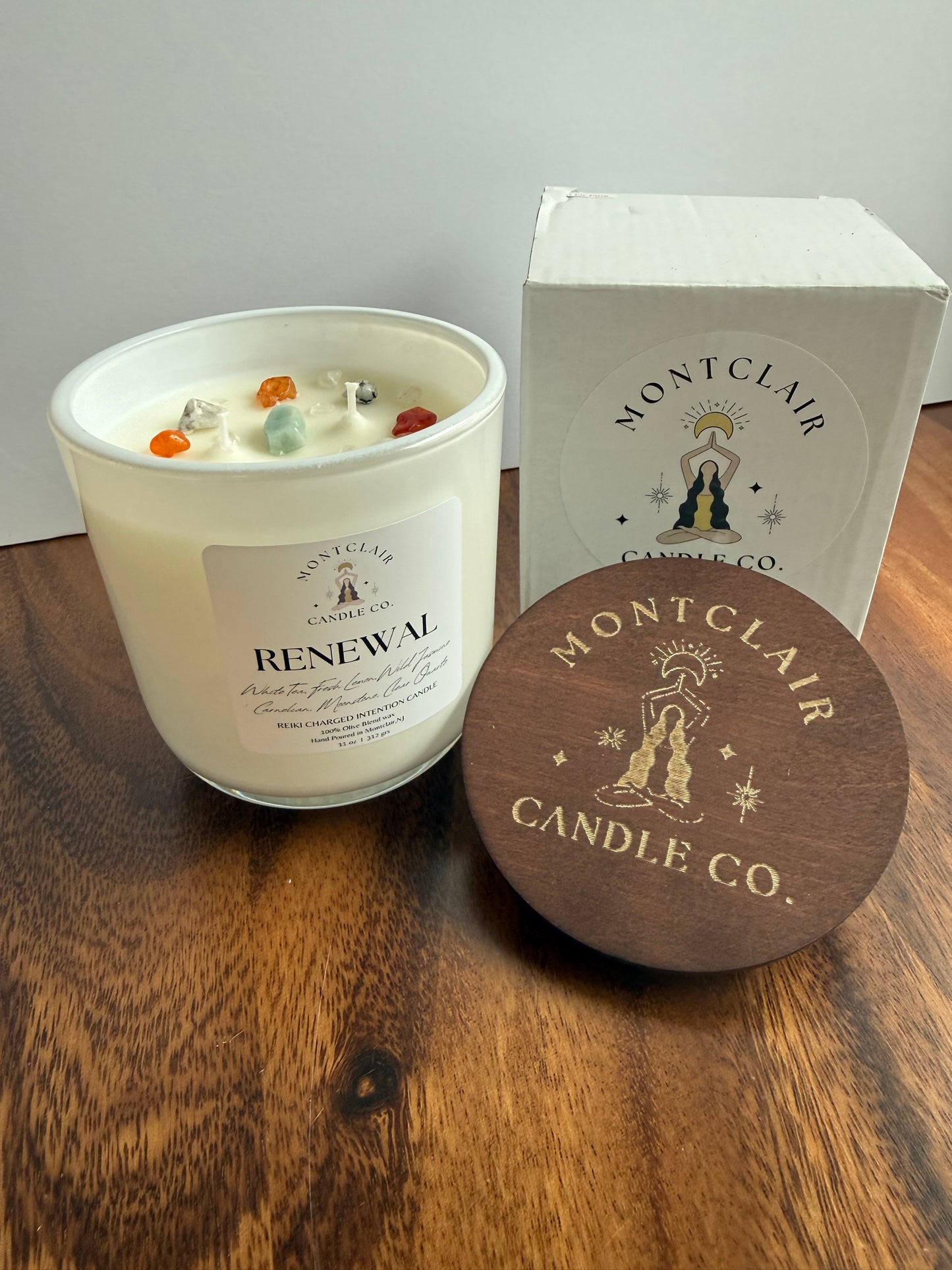 "Renewal" Crystal Intention Candle  | White Tea, Lemon, Fresh Scented | Olive Wax Blend| 11oz