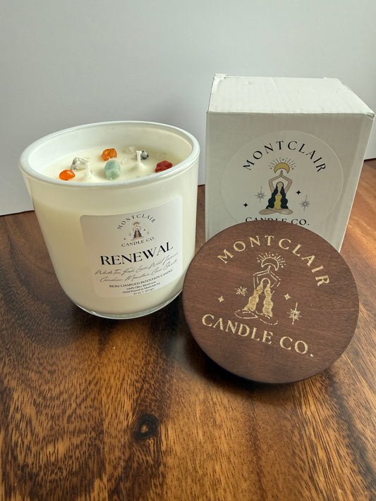 "Renewal" Crystal Intention Candle  | White Tea, Lemon, Fresh Scented | Olive Wax Blend| 11oz