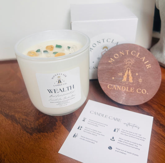 "Wealth" Crystal Intention Candle | Basil Neroli Scented | Olive Wax Blend | 11oz